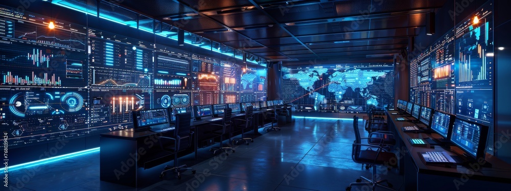 Poster virtual reality view of a cybersecurity operations center, emphasizing outcome-driven metrics, with 