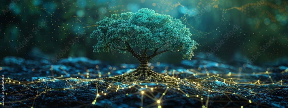 Aufkleber visual metaphor of a digital tree with roots shaped like a network, showing the organic growth of cy
