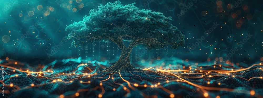 Poster visual metaphor of a digital tree with roots shaped like a network, showing the organic growth of cy