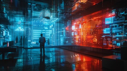 A person observes the complex data analytics visualized on interactive screens in a high-tech, illuminated control room.