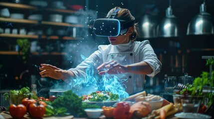 A professional chef is crafting a visually stunning dish aided by virtual reality technology in a bustling kitchen atmosphere.