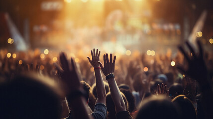 Crowd at concert, hands raised at the music festival, blurred background - obrazy, fototapety, plakaty
