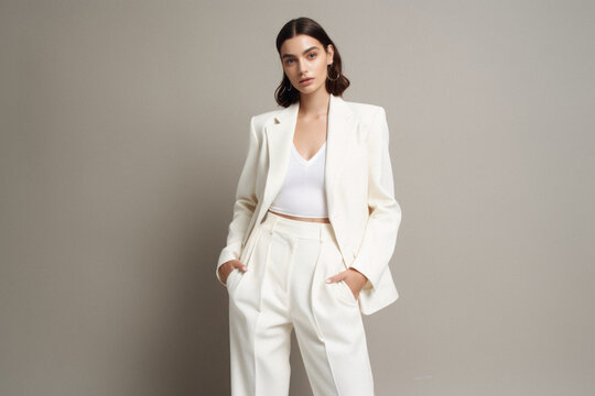 Beautiful young woman in white suit posing in studio, isolated on grey