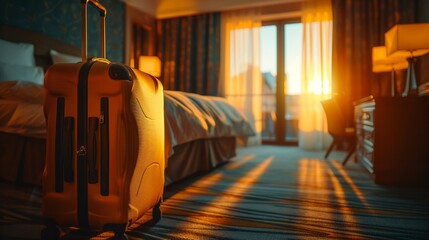 Warm sunlight in a cozy hotel room with a single suitcase - obrazy, fototapety, plakaty
