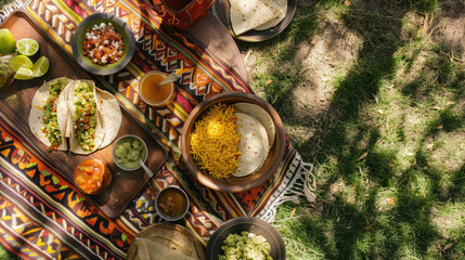 Traditional Mexican treats. Tacos, quesadillas at a picnic in the park