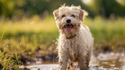 Joyful dog playing in water with splashes