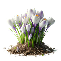 3D of A bunch of white and purple flowers with green stems are growing in the dirt, isolated on a transparent background.