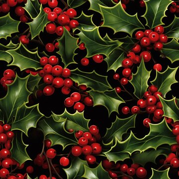 Holly leaves and berries scattered on a red background 01 - Perfectly repeating background pattern for your designs