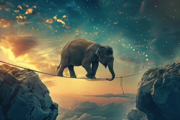 Majestic elephant balancing on tightrope at sunset