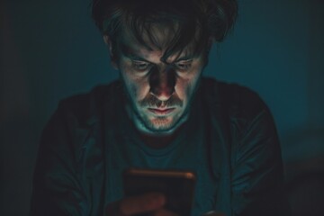 Ensnared by technology: man mesmerized by smartphone at night - obrazy, fototapety, plakaty