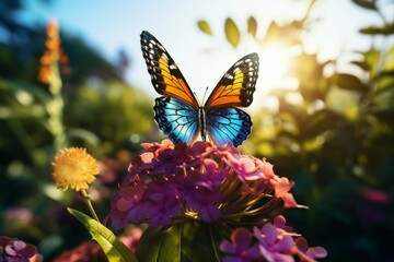 A close-up of a colorful butterfly perched atop a flower in a lush, green garden