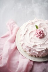 One whole cake with pink floral design on bright table top background.