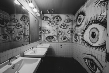 Bathroom with walls covered in artistic eye drawings, portraying mental health awareness