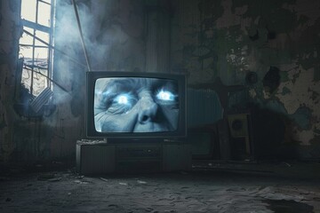 Mind control through television in abandoned setting - obrazy, fototapety, plakaty