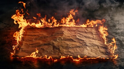 Engulfing flames consuming the edges of a sheet of paper, isolated on black