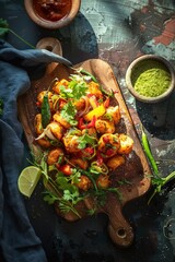 Indian cuisine served on wooden chopping board. Natural lights.