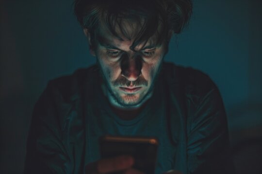 Ensnared by technology: man mesmerized by smartphone at night