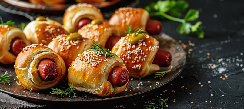 Mini pretzel hot dog pigs in a blanket with Dijon mustard for dipping