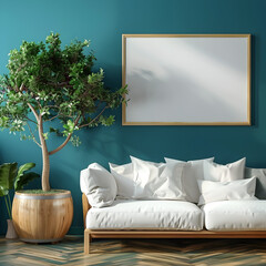 Cozy sofa with white cushions and tree in big wooden pot against teal wall with frame. Scandinavian home interior design of modern living room. 3d render.
