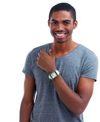 Portrait, smartwatch and black man with smile, screen and model isolated on a white studio...