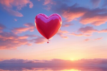 A heart-shaped balloon floating in the sky, surrounded by a bright and colorful sunset, representing the joy of Valentines Day