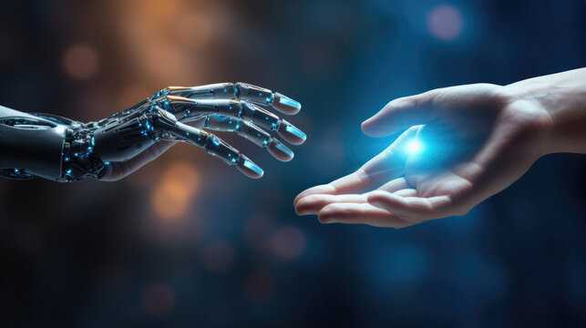 Robot on blurred background touching with finger human hand