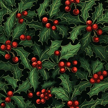 Classic holly berries and leaves on a deep green backdrop 01 - Perfectly repeating background pattern for your designs