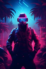 Cold Colors Fox Doctor: A Stylish Synthwave Gaming Character in a Vibrant Retro Future Setting - obrazy, fototapety, plakaty