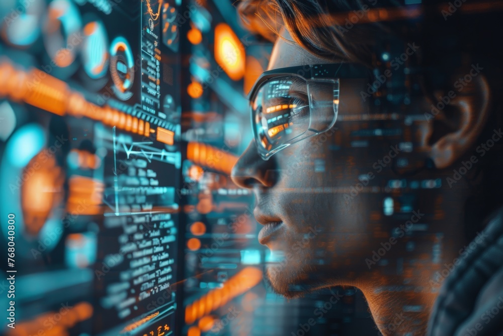 Poster cybersecurity specialist analyzing code on a futuristic display, male gazes intently at holographic 