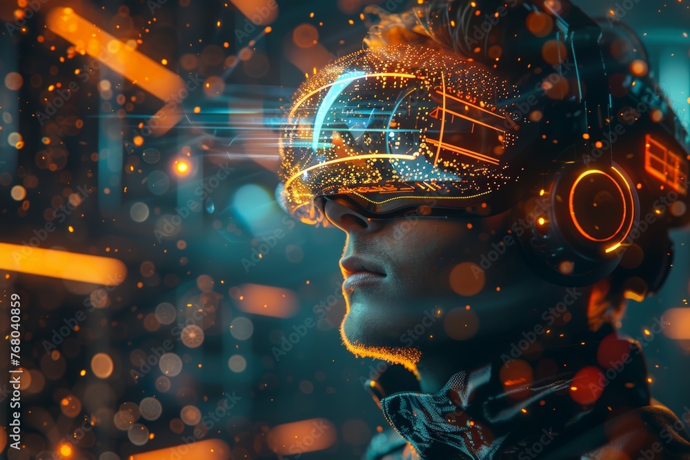 Poster cybersecurity specialist analyzing code on a futuristic display, professional observes advanced tech