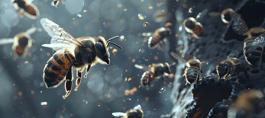 Honey bees flying to the hive