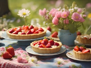 Obraz na płótnie Canvas Delicious tartlets with fresh strawberries and daisies