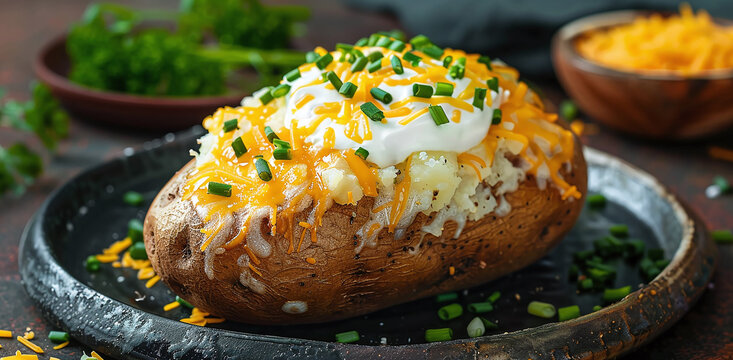 Hot baked potatoes with cheese and sour cream