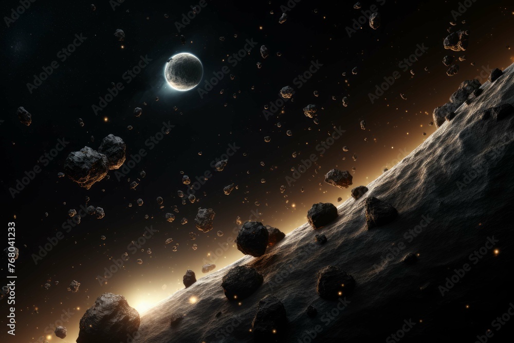 Wall mural a view of an asteroid belt, with small asteroids orbiting a distant star
