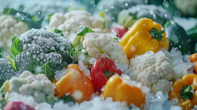 Hearty vegetables freeze mid-tumble in bright array