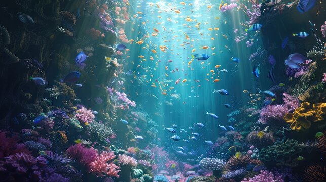 An underwater reef with blue fish swimming around a thriving coral garden in the flowing waters.