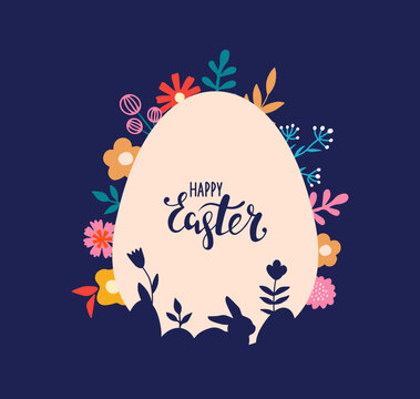 Awesome happy easter card in vector. Funny rabbits and spring flowers with hearts. Stylish holiday background in popular style.Vector illustration.