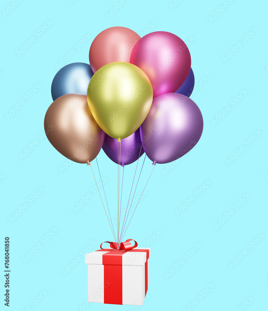 Poster flying gift box with multicolored balloons on blue background. 3d rendering