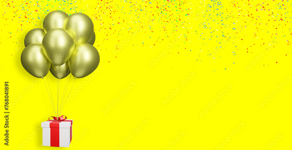 Aufkleber flying gift box with shiny golden or yellow balloons on yellow background with confetti. Empty space for text. 3d rendering