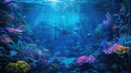 Fototapeta na wymiar An underwater reef with blue fish swimming around a thriving coral garden in the flowing waters.