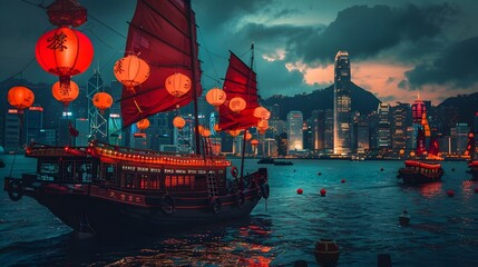 Traditional junk boat in Hong Kong harbor at night - An evocative image of a red-sailed junk boat floating in the vibrant Victoria Harbor of Hong Kong at dusk - obrazy, fototapety, plakaty