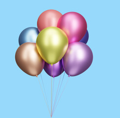Bunch of multicolored shiny  balloons isolated on blue background. 3d rendering