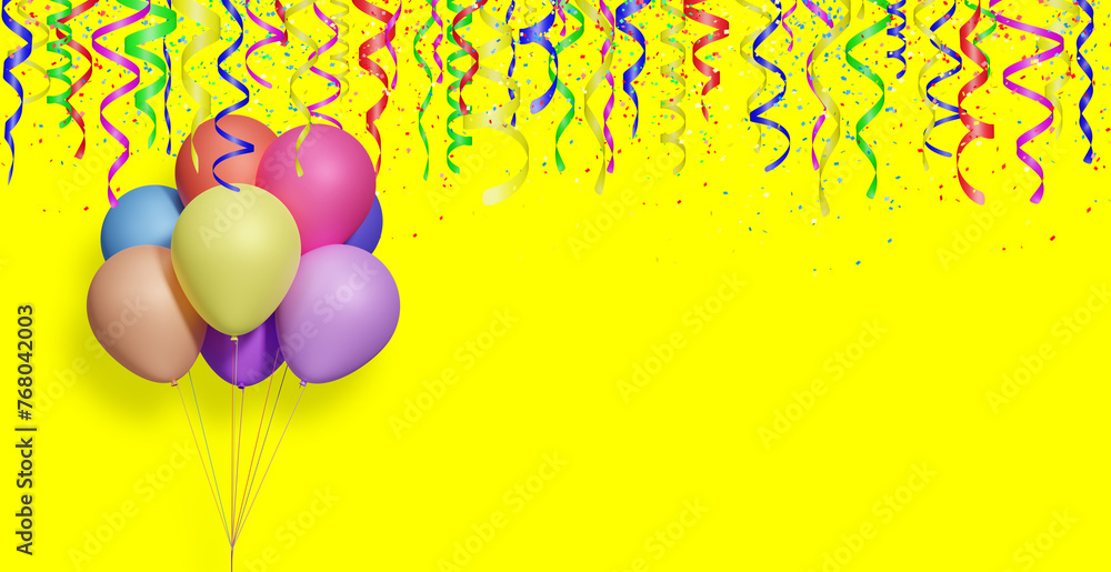 Aufkleber Bunch of colorful balloons on yellow background with confetti. Empty space for text. 3d rendering
