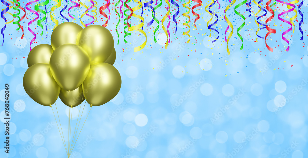Aufkleber Bunch of golden or yellow balloons on blurred blue background with confetti. Empty space for text. 3d rendering