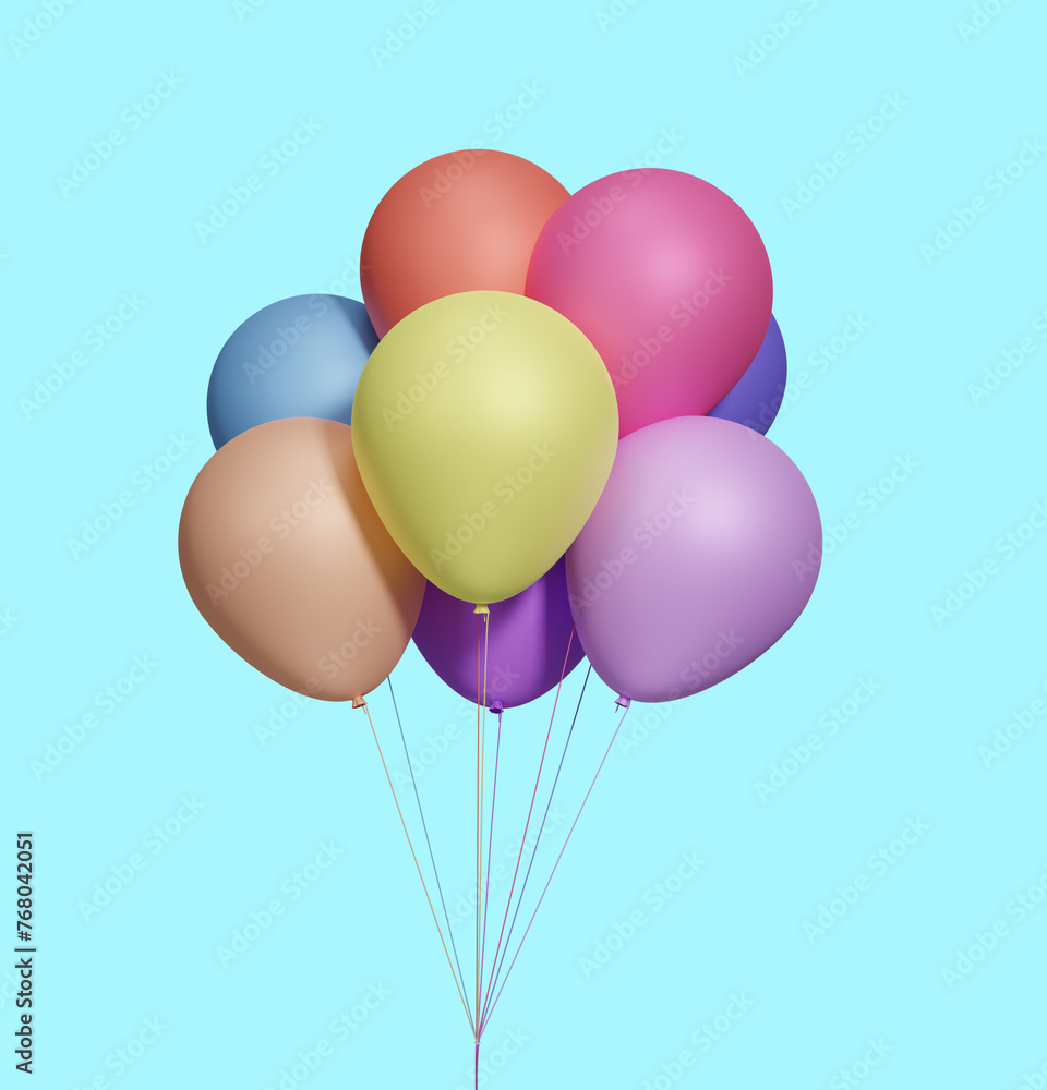 Poster bunch of colorful balloons isolated on blue background. 3d rendering