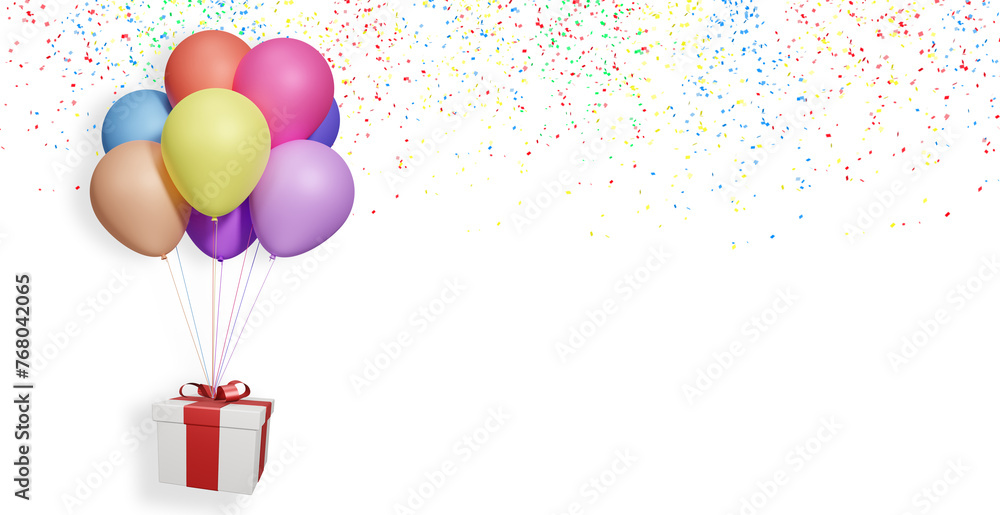 Aufkleber flying gift box with multicolored balloons on white background with confetti. Empty space for text. 3d rendering