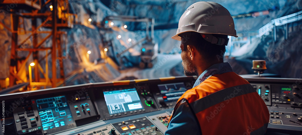 Poster an engineer working in the control room at a huge mining facility.