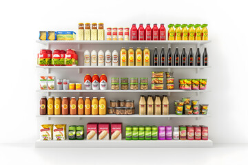 Realistic Supermarket shelfs with products isolated on white background