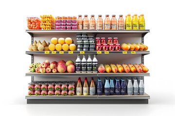 Realistic Supermarket shelfs with products isolated on white background