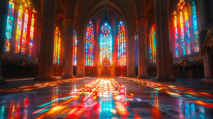Vibrant stained glass windows in a church, depicting biblical scenes with intricate designs and rich colors